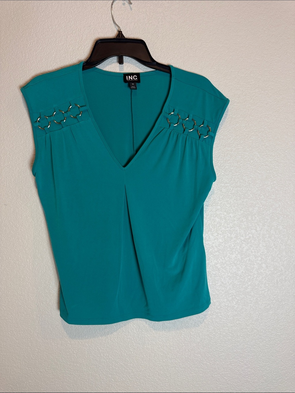 INC International Concepts Teal V-Neck Cap Sleeve Top with Shoulder Hardware